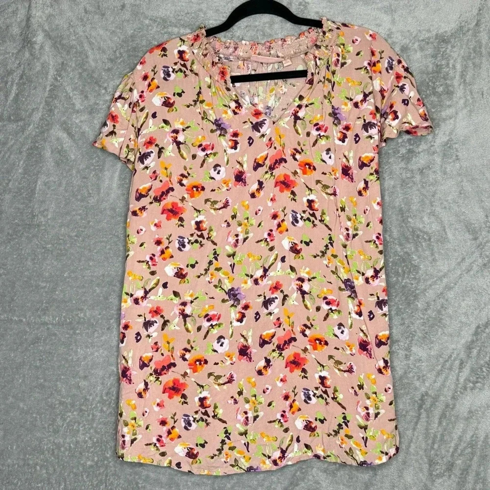 Evri 1X Shirt Top Brown Floral Flower Cap Short Sleeve V Neck Knit Rayon Womens